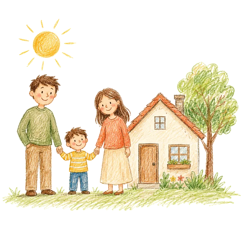 Colored-pencil sketch of a family holding hands in front of a house